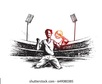 Sportsman sitting with victory cup in hand on stadium grass, Hand Drawn Sketch Vector illustration.