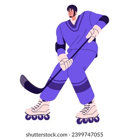 Patinaje deportivo en hockey sobre patines con casco. Cuádruple jugador con uniforme sujeta palo. Patines deportivos profesionales, patinaje en rollo. Juego deportivo de verano. Ilustración vectorial aislada plana sobre fondo blanco