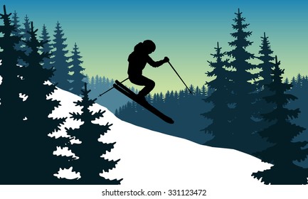 Sportsman skiing down the snow with mountains in the background of the forest. Winter sports in the mountains. Abstract vector silhouette of skier jumping. Downhill skier in helmet. Safety.