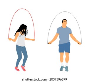 Sportsman skipping jump rope vector illustration. Woman fitness instructor. Sport couple exercise in gym. Athlete skipping rope. Fitness Workout. Healthy losing weight. Muscular body man and fit lady.