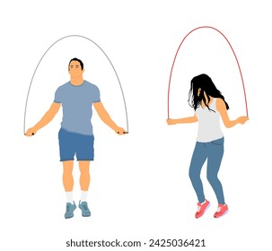 Sportsman skipping jump rope vector illustration. Woman fitness instructor. Sport couple exercise in gym. Athlete skipping rope. Fitness Workout. Healthy losing weight. Muscular body man and fit lady.