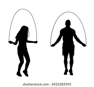 Sportsman skipping jump rope vector silhouette. Woman fitness instructor. Sport couple exercise in gym. Athlete skipping rope. Fitness Workout. Healthy losing weight. Muscular body man and fit lady. 