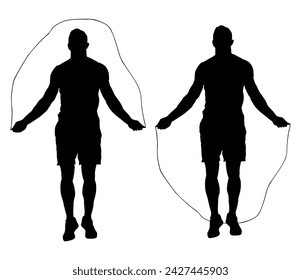 Sportsman skipping jump rope vector silhouette illustration isolated. Man fitness instructor. Sport exercise in gym. Athlete skipping rope. Fitness Workout. Healthy losing weight. Muscular body male. 