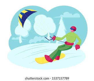 Sportsman Snowboarder in Colorful Wear, Helmet and Goggles Holding Kite Riding Fast by Icy Surface. Winter Time Outdoors Activity, Resort Sports Recreation, Adventure. Cartoon Flat Vector Illustration