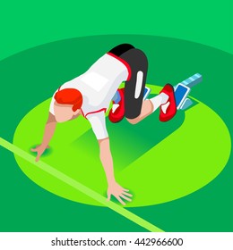 Sportsman Sprinter Runner Athlete at Starting Line of Stadium lane Icon Set. 3D Flat Isometric Sport of Athletics race Man Runner Athlete at Starting Blocks. Sport People Set Infographic Vector Image