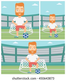 Sportsman standing with football ball on the football stadium. Professional football player with a soccer ball on the field. Vector flat design illustration. Square, horizontal, vertical layouts.