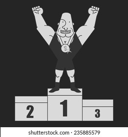 Sportsman standing on podium with gold medal on his neck. Vector clip art chalk illustration isolated on black