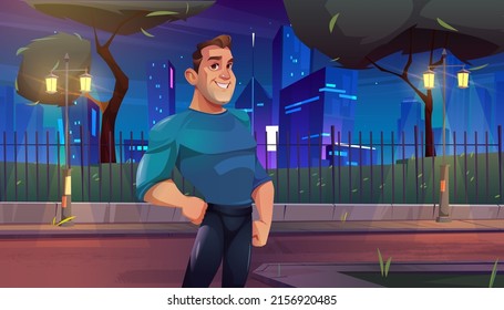 Deportista, fuerte atleta en la calle de la ciudad por la noche. Dibujo vectorial de carácter muscular con sonrisa en los caminos con edificios de la ciudad, arbustos verdes y árboles detrás de la valla