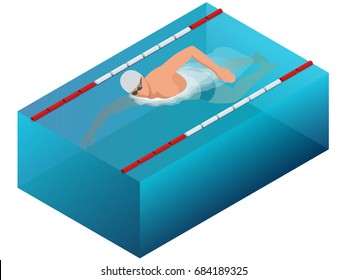 Sportsman swim line race indoor interior infographics. Flat isometric male swimmer  vector illustration