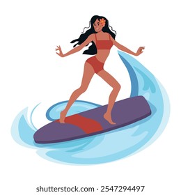 Sportsman in swimsuit on surfboard in wave vector flat illustration style. Surfer woman demonstrates trick enjoying seasonal extreme sports isolated. Woman in the sea or ocean water.