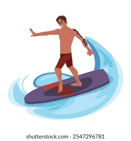 Sportsman in swimsuit on surfboard in wave vector flat illustration style. surfer man demonstrates trick enjoying seasonal extreme sports isolated. young man in the sea or ocean water.