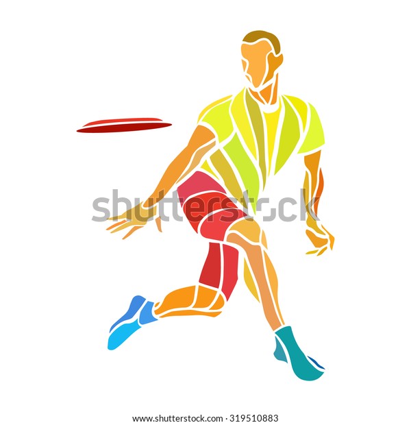 Sportsman throwing ultimate frisbee\
flying disc. Lineart clipart, color vector\
illustration