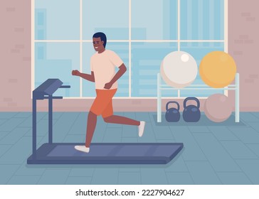 Sportsman training on treadmill flat color vector illustration. Healthy and active life. Technology in gym. Fully editable 2D simple cartoon character with athletic club on background