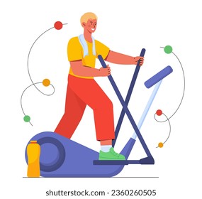 Sportsman at treadmill concept. Active lifestyle and sports, cardio training. Young guy with fitness and workout. Athlete in gym. Cartoon flat vector illustration isolated on white background