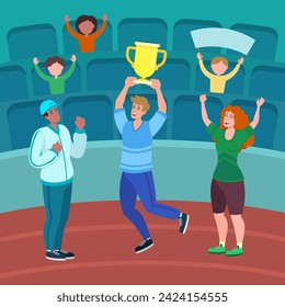 Sportsman with trophy cup celebrating success in competition vector illustration. Coach, female assistant and audience at stadium congratulating man on winning competition. Championship concept