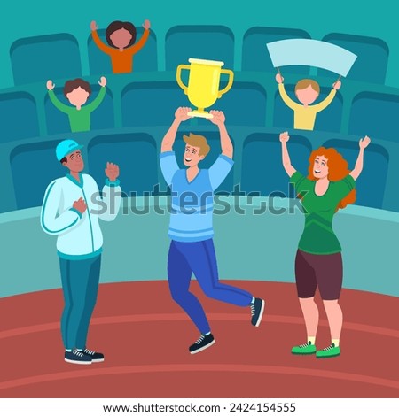 Sportsman with trophy cup celebrating success in competition vector illustration. Coach, female assistant and audience at stadium congratulating man on winning competition. Championship concept