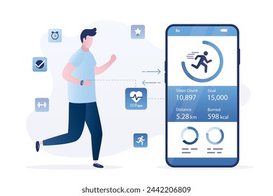 Sportsman uses smart watch for counting steps. Synchronization of cellphone with fitness tracker. Mobile phone app - step counter, pedometer, activity heart rate monitoring. Modern technology. Vector