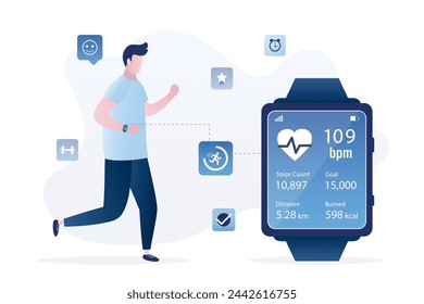 Sportsman uses smart watch for counting steps. Fitness tracker  with mobile phone app - step counter, pedometer, activity heart rate monitoring. Modern wireless technology. Flat vector illustration