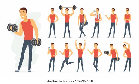 Sportsman - vector cartoon people character set isolated on white background. A cute boy in different situations, poses, gestures for animation. Cheerful man training. Active lifestyle concept