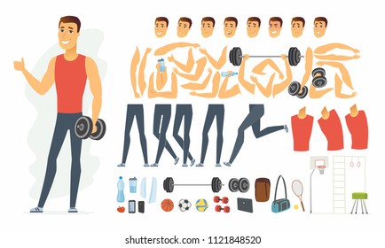 Sportsman - vector cartoon people character constructor isolated on white background. Set of body parts, emotions, sportive equipment for animation. Cheerful man training. Active lifestyle concept