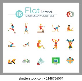 Sportsman vector icons set. Thirteen icons of running man, rock climber, bodybuilder and other sportsmen