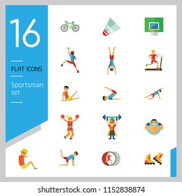 Sportsman vector icons set. Thirteen icons of running man, rock climber, bodybuilder and other sportsmen
