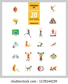 Sportsman vector icons set. Thirteen icons of running man, rock climber, bodybuilder and other sportsmen