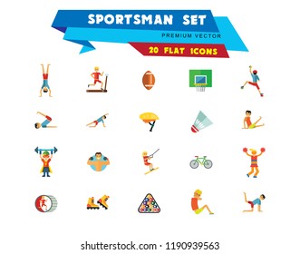 Sportsman vector icons set. Thirteen icons of running man, rock climber, bodybuilder and other sportsmen