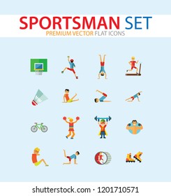 Sportsman vector icons set. Thirteen icons of running man, rock climber, bodybuilder and other sportsmen