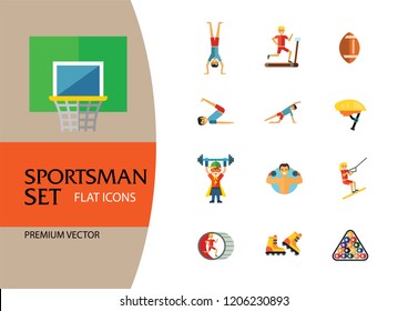 Sportsman vector icons set. Thirteen icons of running man, rock climber, bodybuilder and other sportsmen