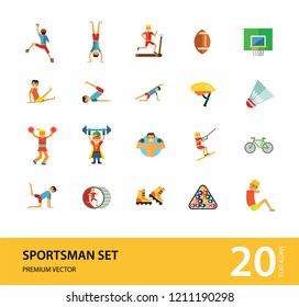 Sportsman vector icons set. Thirteen icons of running man, rock climber, bodybuilder and other sportsmen