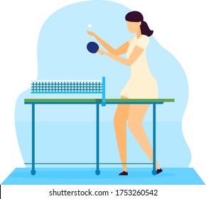Sportsman vector illustration. Cartoon flat young woman character playing ping pong table tennis with racket, enjoying pingpong indoor game. Sport activity, healthy active lifestyle isolated on white