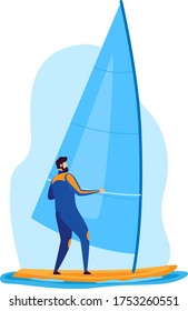 Sportsman vector illustration. Cartoon flat man surfer character windsurfing, standing on surfboard, riding and holding sail on wind. Extreme sports activity, active lifestyle isolated on white