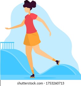 Sportsman vector illustration. Cartoon flat young woman character on roller skates riding outdoors, rollerblading and enjoying active healthy lifestyle, summer sport activity isolated on white