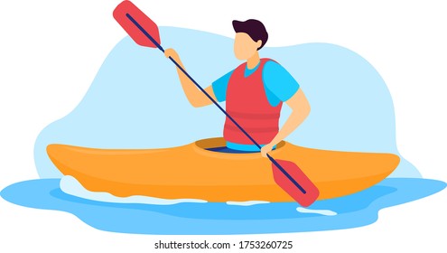 Sportsman vector illustration. Cartoon flat man kayaker character kayaking, riding and paddling boat canoe in sea waves. Extreme outdoor watersport activity, active lifestyle isolated on white