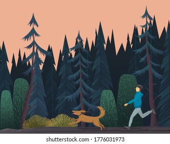 El deportista camina al perro en un denso bosque de coníferas. Paisaje sombrío por la noche en el bosque. Estilo de vida activo. Actividad al aire libre. Corriendo o caminando con fuerza. Pinos azules, abetos y abetos. Imagen plana