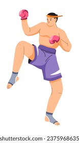 Sportsman wearing protective gloves for hands, band on head, shorts and support for feet. Thai boxer or fighter training and working out for competition or sporting event. Vector in flat style