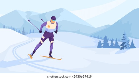 Sportsman wearing warm sport suit and goggles skiing on ski track. Picturesque landscape view. Snowy mountain in the background. Winter resort outdoor activity. Healthy lifestyle. Vector illustration