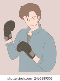 Sportsman working out by punching with fists in boxing gloves. Athlete exercising. Boxer in jacket training. Hand drawn flat cartoon character vector illustration.