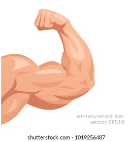 Sportsman's arm with a strong biceps. Vector symbol of the healthy power. Detail of a male athletic body textured with a vintage dots. Grainy tense muscles of the hand isolated on a white background.