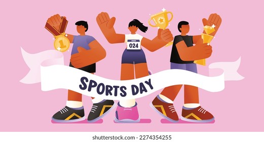 Sportsmans Holding Trophy And Medal At Finish Line, Vector, Illustration