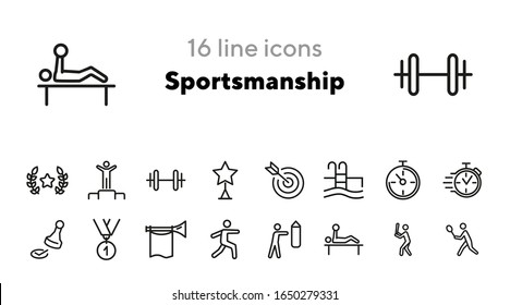 Sportsmanship line icon set. Sportsman, athlete, swimming pool, timer, boxing, baseball. Sport concept. Can be used for topics like competition, championship, contest