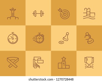 Sportsmanship line icon set. Swimming pool, winner, weight barrel. Sport concept. Can be used for topics like fitness, leadership, healthy lifestyle