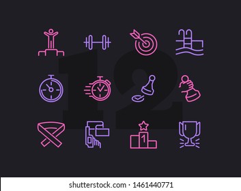 Sportsmanship line icon set. Swimming pool, winner, weight barrel. Sport concept. Can be used for topics like fitness, leadership, healthy lifestyle