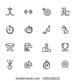 Sportsmanship line icon set. Swimming pool, winner, weight barrel. Sport concept. Can be used for topics like fitness, leadership, healthy lifestyle