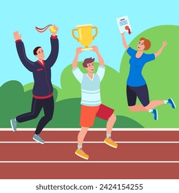 Sportsmen celebrating success in competition vector illustration. Men in sport wear holding champion cup and gold medal and woman with certificate of achievements. Championship, sport, awards concept