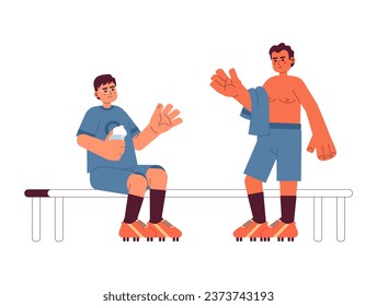 Sportsmen communicate flat concept vector spot illustration. Man in uniform sitting, boy without shirt. Teammate 2D cartoon characters on white for web UI design. Isolated editable creative hero image