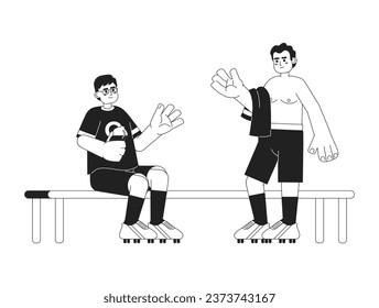 Sportsmen communicate monochrome concept vector spot illustration. Man in sitting, boy without shirt. Teammate 2D flat bw cartoon characters for web UI design. Isolated editable hand drawn hero image