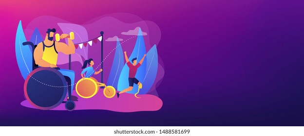 Sportsmen with disability running. Outdoor activity. Disabled sports, athletes with physical disabilities, sports for disabled people concept. Header or footer banner template with copy space.