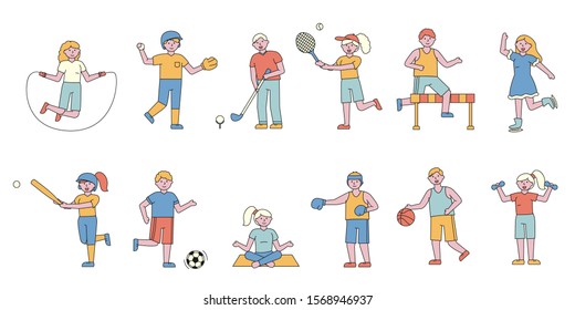 Sportsmen flat charers set. People doing sports cartoon illustrations pack. Training, exercising. Baseball, tennis, basketball players. Active lifestyle fans. Woman skating, pricing yoga.